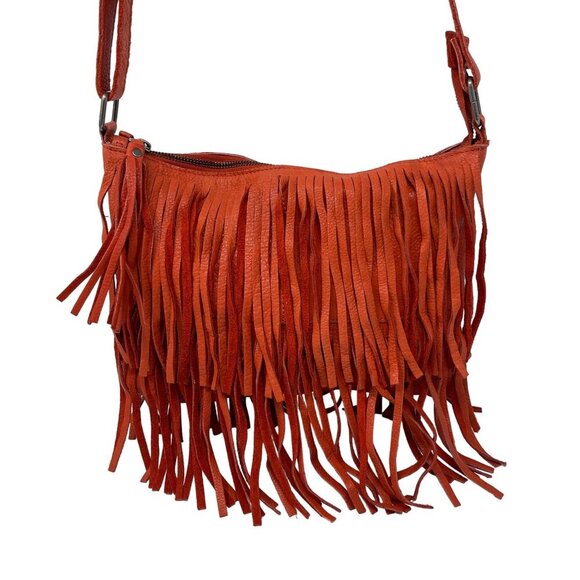 Cut n' Paste Fringe Orange Leather Purse Adjustable Strap Boho Slouchy - Picture 6 of 8